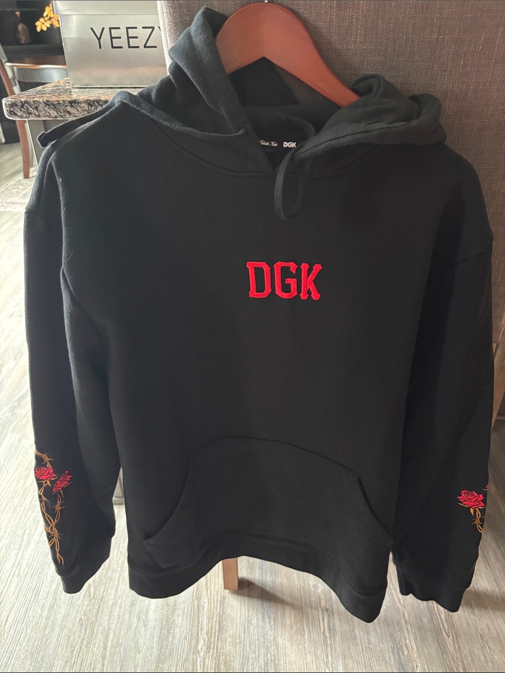 DGK Black Hoodie with Red Embroidered Logo and Rose Sleeve Accents